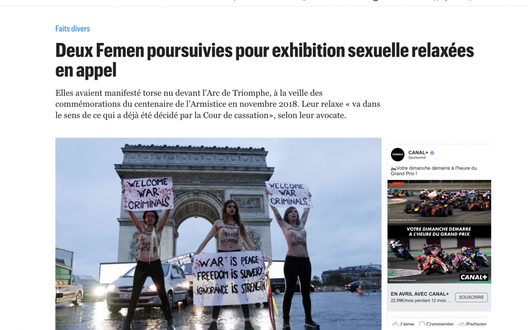 Le Parisien : relaxe obtenue en appel pour deux militantes des Femen poursuivies pour exhibition sexuelle